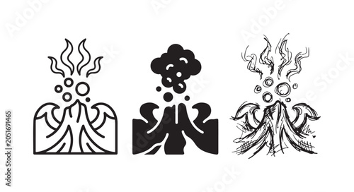 Fotografie Icons of an erupting volcano, featuring smoke and bubbling lava or ash, presented in outline, filled, and sketchy drawing styles
