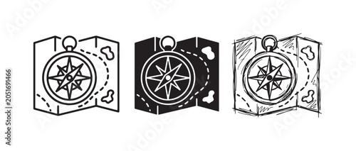 Foto Icons featuring a navigational compass placed on a folded map, representing exploration and guidance, in various artistic styles