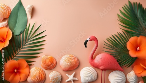 summer tropical composition with copy space for a text pink flamingo orange seashells with monstera leaves