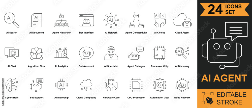 Fototapeta premium AI Agent Line Icons Set with Editable Stroke, Artificial Intelligence, Chatbot, Automation, Machine Learning, Cloud Computing Thin Linear Vector Illustration
