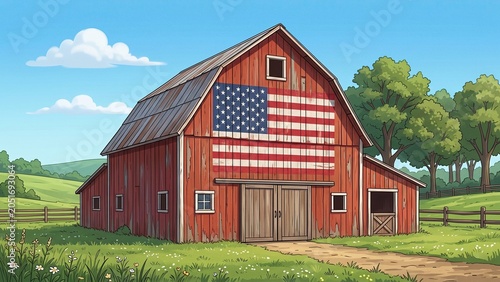 Illustration of a rustic red barn with an American flag painted on its side in a green field