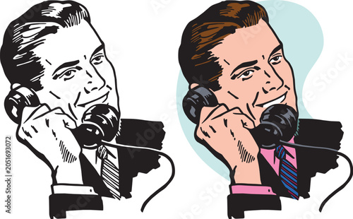 A vintage retro illustration of a businessman talking on a vintage telephone receiver. 
