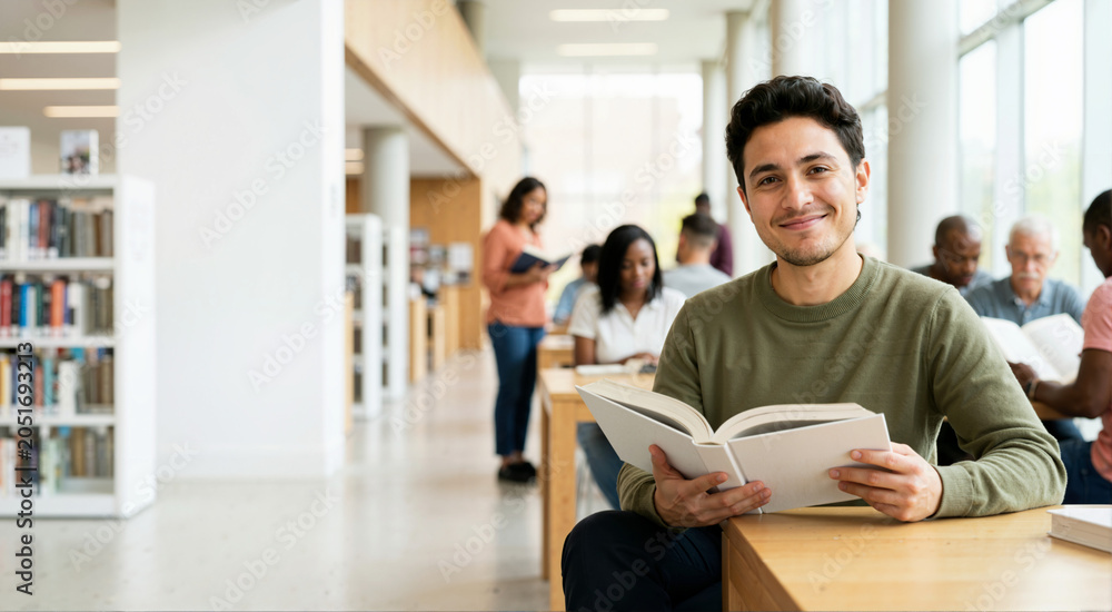 © Xenia - Smiling non-binary student reading a book in a modern library. Young adult studying at a desk with diverse people in the background