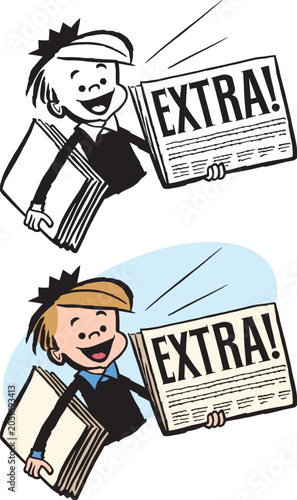 Fotografie A vintage retro cartoon of a newsboy delivering newspapers with exciting news