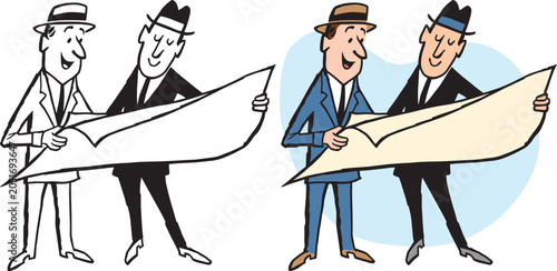 A vintage retro cartoon of two businessmen looking over some plans during a meeting. 