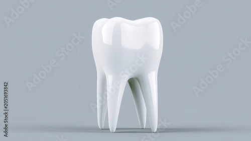 3D rendering of a healthy white human molar tooth on a grey background