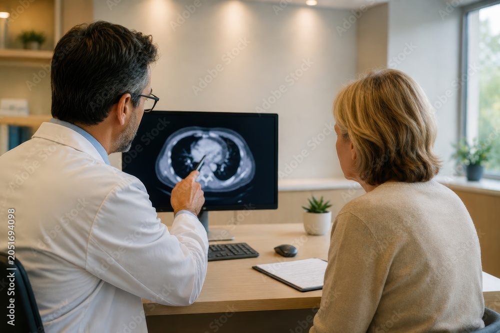 Naklejka premium Specialist Reviewing Blurred Scan With Patient