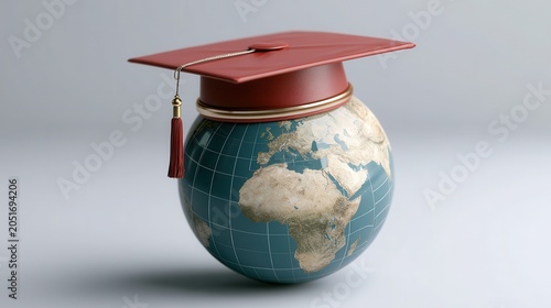 Globe Wearing a Red Graduation Cap Concept for Global Education and International Studies