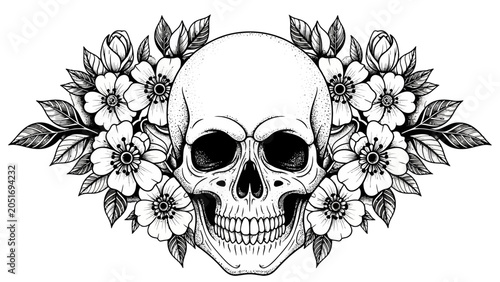 Foto A detailed black and white illustration of a human skull adorned with blooming flowers and leaves