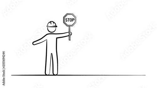 A simple line drawing of a person wearing a hard hat and holding a stop sign, standing on a flat line.