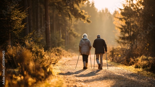 Dynamic back view of active senior couple walking with nordic poles on path through sunny forest, healthy mature lifestyle fitness and longevity concept
