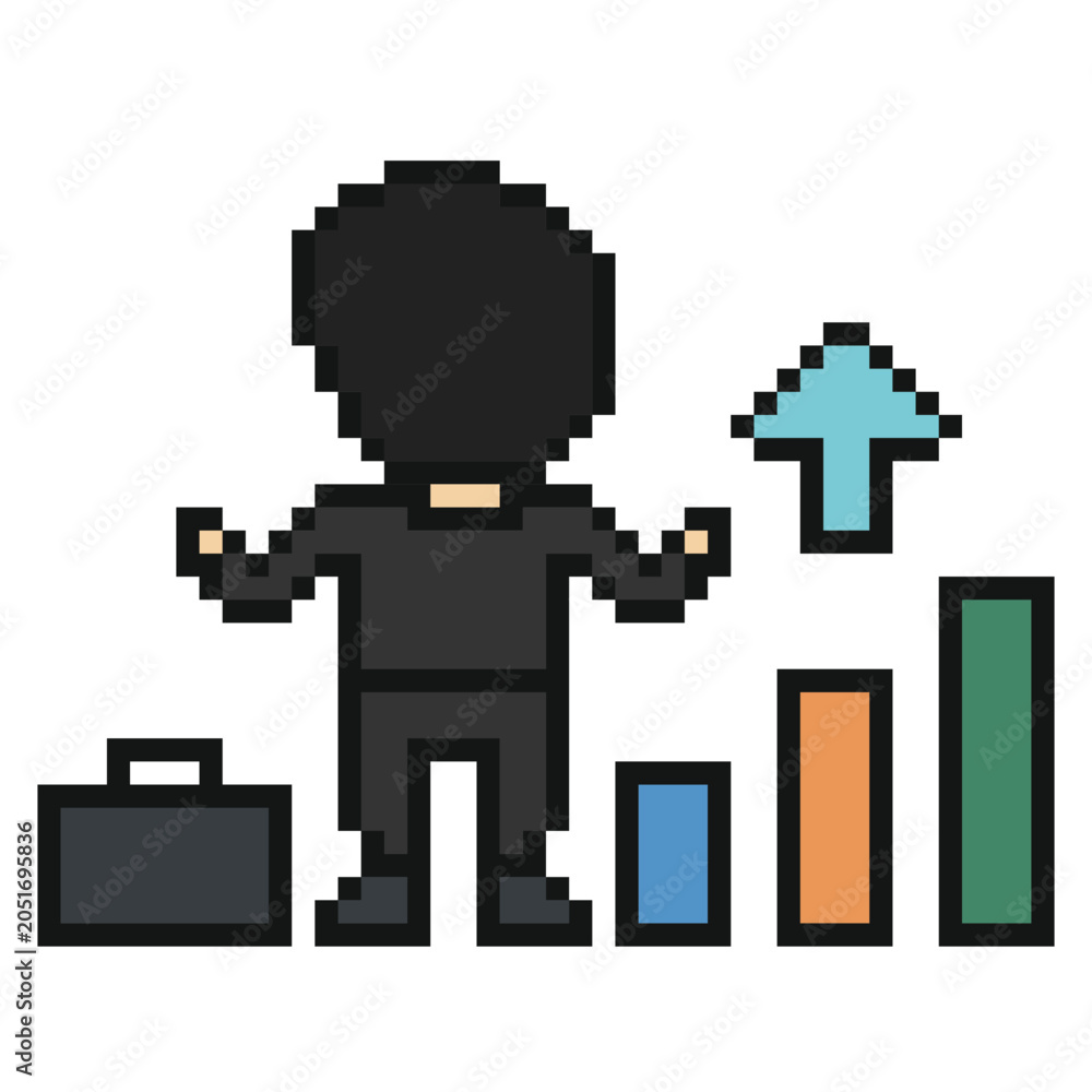 Fototapeta premium Pixel art businessman looking at growing bar chart, 8-bit style of business growth, financial success, and career investment.