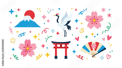 Japanese cultural symbols and elements in a vibrant flat design illustration.