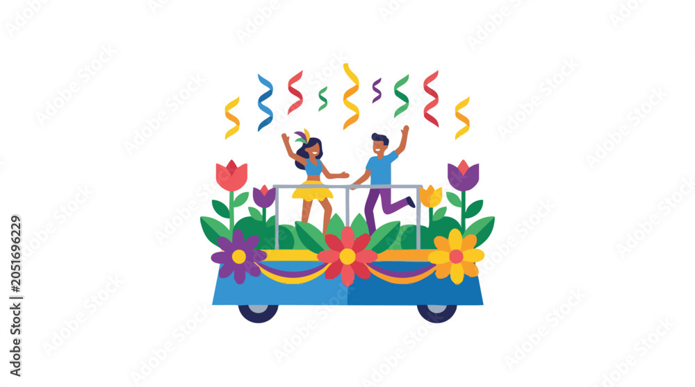 Fototapeta premium Joyful Parade Float with Dancing People and Colorful Decorations.