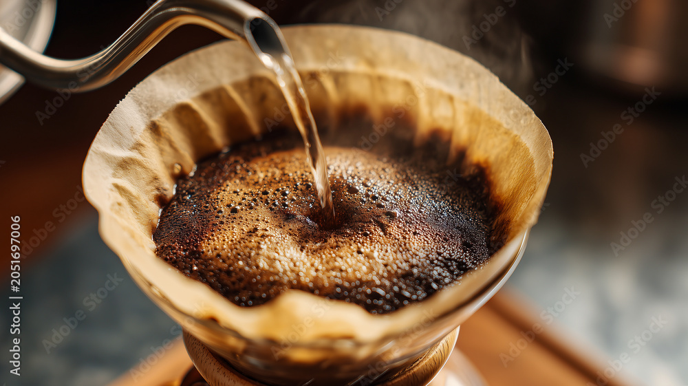 Fototapeta premium Pouring hot water from a gooseneck kettle stream into ground coffee beans in a paper filter holder dripper. Manual pour over alternative brewing method process in a cozy cafe