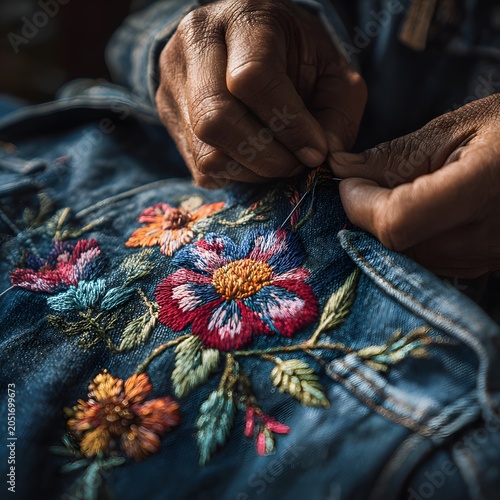 Close up of hands sewing colorful flower embroidery pattern on old denim jacket, creative upcycling fashion craft and sustainable handmade textile art workshop
