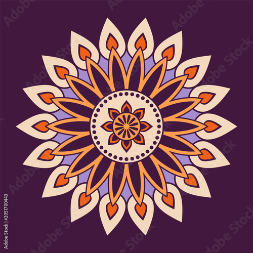 Decorative round symmetrical bright color vector mandala in eastern style. Floral and geometric motifs. Round ornament. Arabic, Indian, ottoman motifs. Vector color illustration.