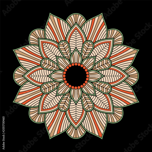 Ethnic floral vector mandala. Warm orange, beige, and green color mandala isolated on black background. Symmetrical vector ornament with detailed petal patterns. Vector color illustration.