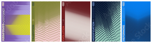 Abstract geometric vector poster set with halftone grid and optical illusion patterns, Shape distortion and linear gradients with transition effect, dynamic graphic for banner and wall art, kit 5