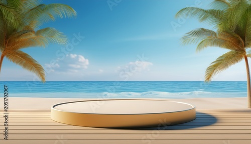 summer tropical background podium on sand beach on sea background mock up for the exhibitions presentation of products 3d render