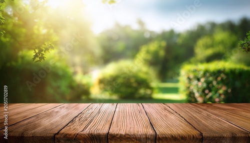 empty wooden table outdoors with blurred garden background n summer vacation and relaxation product mockup natural landscape and peaceful and relaxing atmosphere vacation time
