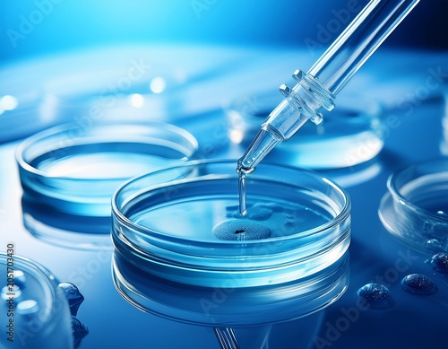 petri dishes and pipette with liquid samples on light blue background closeup