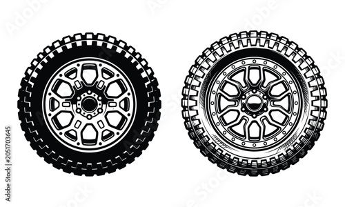 Sport Car Wheels and Modern Performance Alloy Rims Vector Set with Realistic Rubber Texture and Tread Details for Automotive Racing Club Badges and Vehicle Modification Layouts