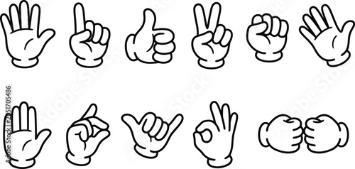 Cartoon hand gestures set featuring various signs like thumbs up peace sign fist bump and open palms in black outline