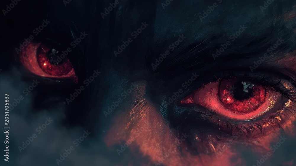 Naklejka premium Close-up digital painting of demonic eyes with crimson irises and fiery glow