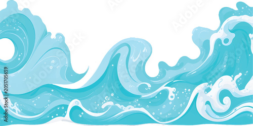 Cuadro en lienzo Simple blue waves with white foam splashes on white background with crashing wav