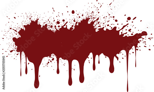 Blood splatter effect featuring a dark red liquid ink splash with dripping paint droplets isolated on a clean white background