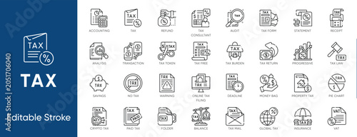 Fotografie Tax Accounting Finance Taxation Audit Icon Set - editable vector outline icons f