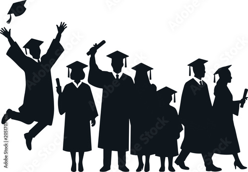 Quadro su tela Silhouette of graduates in caps and gowns, celebrating with one jumping and toss