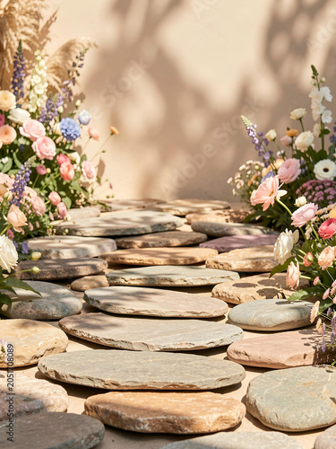 Spring floral podium with natural stone platform and pastel flowers, elegant product display background