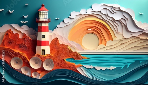 a lighthouse by the water in a cut paper collage style generative ai