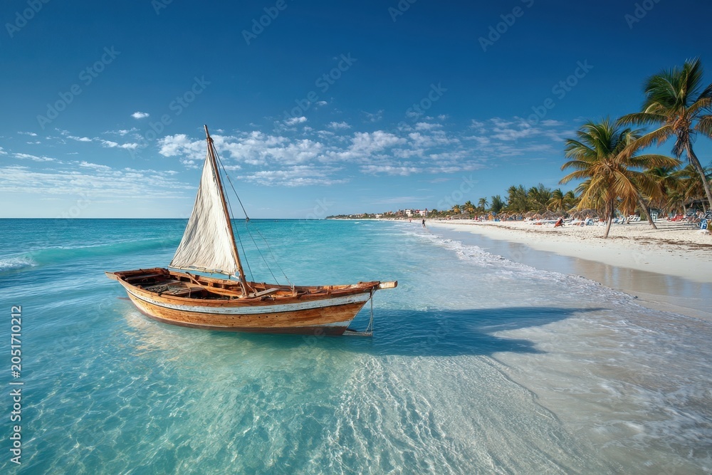 Obraz premium Sailing boat on Varadero Beach under Caribbean light