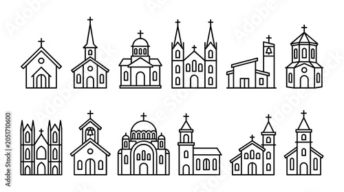 Collection of hand drawn church building sketches in line art style with building, architecture