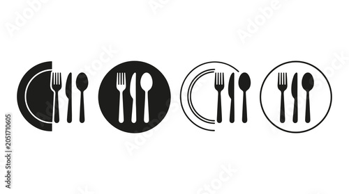 Dining and restaurant cutlery icon set on plates with restaurant tableware catering pictogram