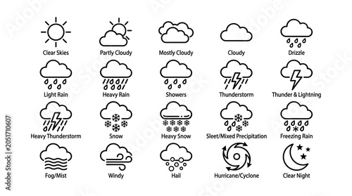 Weather forecast outline icon set for meteorological reports with forecast meteorology lightning