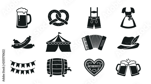 Oktoberfest festival icon set with oktoberfest festival celebration lederhosen accordion