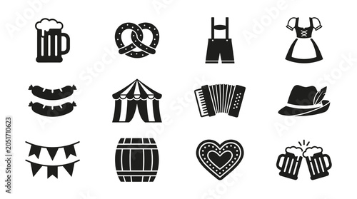 Set of bavarian festival and oktoberfest icons with oktoberfest bavarian lederhosen accordion