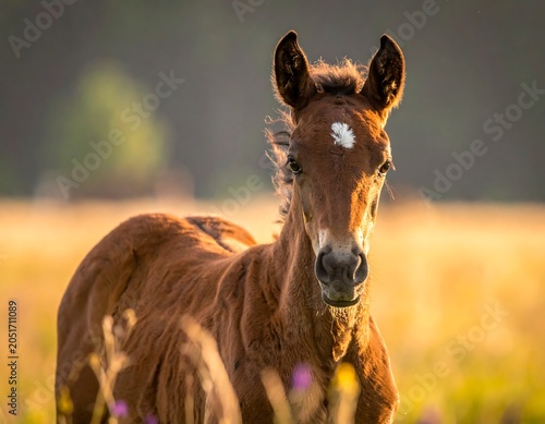 Close-up of a young equine with brown fur, a white marking on its forehead, and erect ears, in a sunlit field
