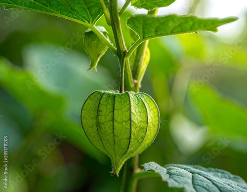 Close-up of a vibrant green plant, showcasing a lantern-like fruit encased in a delicate, patterned husk. Soft light bathes the foliage