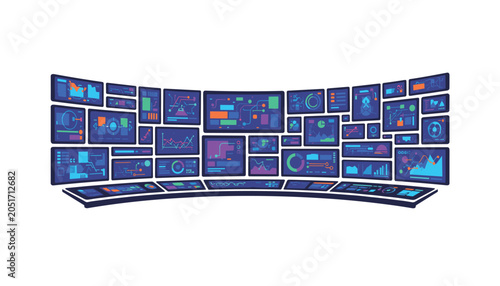 Curved control room dashboard with multiple screens displaying colorful data charts and network connection lines for monitoring.