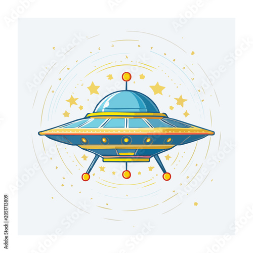 Cartoon flying saucer with stars and planets