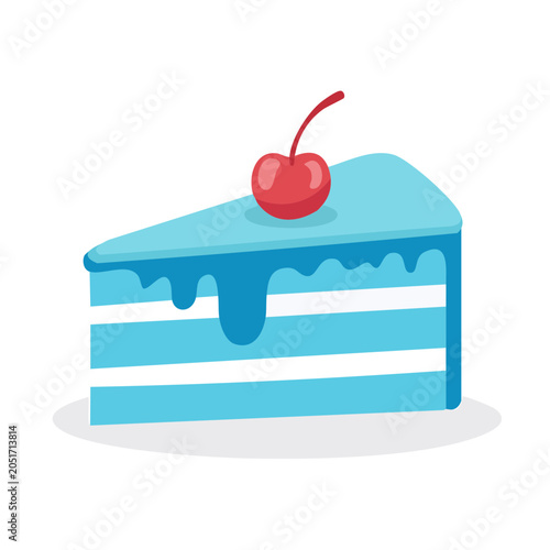 Blue slice of cake with cherry on top, flat design