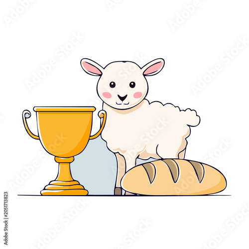 Cartoon lamb with bread and golden chalice