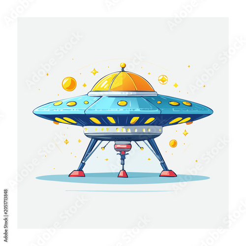 Cartoon UFO flying saucer with yellow dome and lights