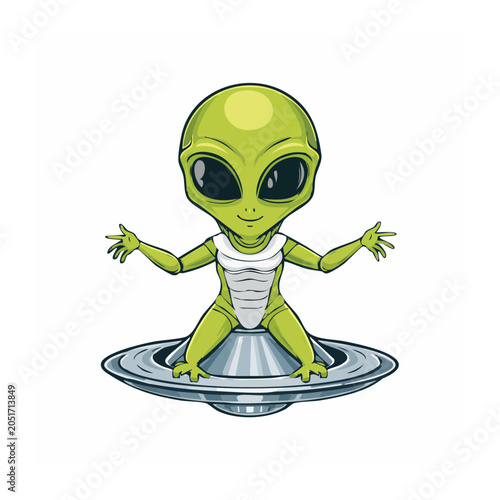 Cute cartoon alien sitting on a UFO