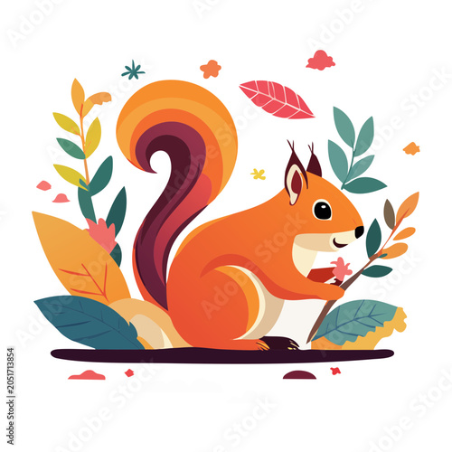 Cute squirrel in autumn foliage, flat design illustration